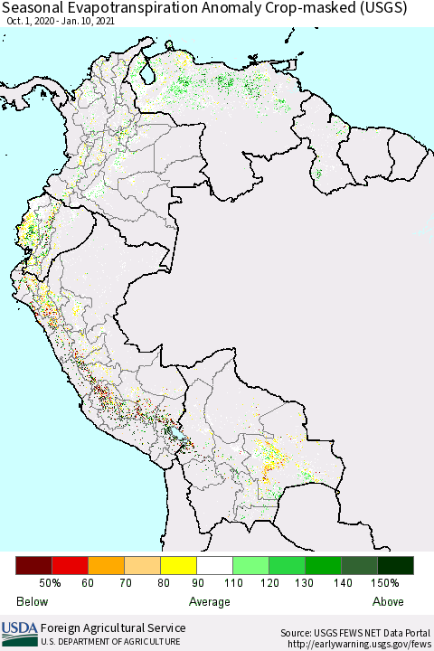 Northern South America Seasonal Evapotranspiration Anomaly Crop-masked (USGS) Thematic Map For 11/1/2020 - 1/10/2021