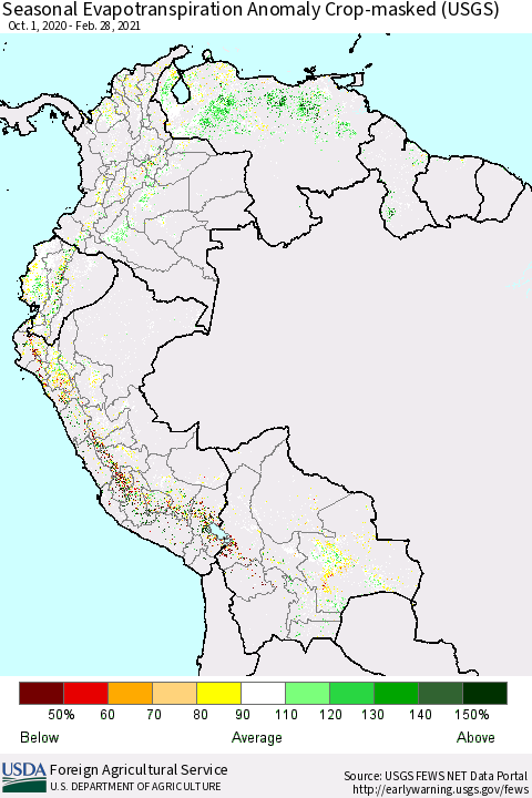Northern South America Seasonal Actual Evapotranspiration Anomaly over Croplands (USGS) Thematic Map For 11/1/2020 - 2/28/2021
