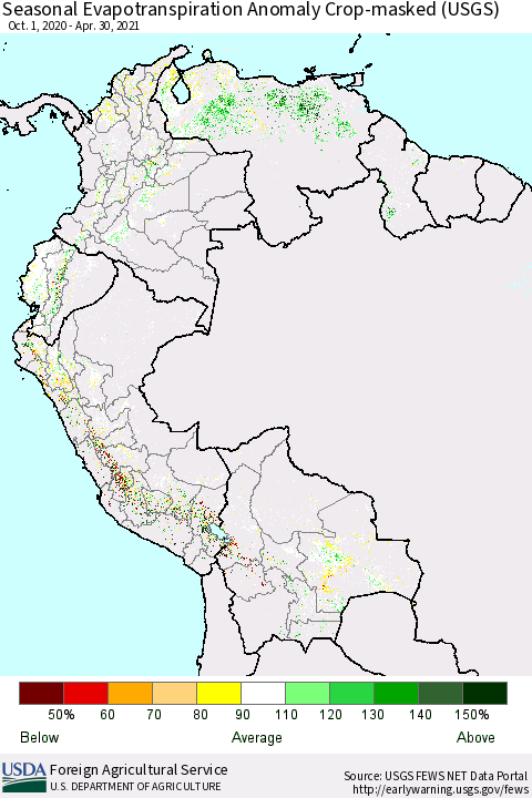 Northern South America Seasonal Evapotranspiration Anomaly Crop-masked (USGS) Thematic Map For 11/1/2020 - 4/30/2021