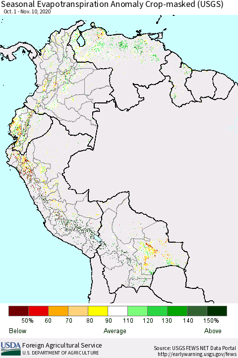 Northern South America Seasonal Evapotranspiration Anomaly Crop-masked (USGS) Thematic Map For 11/1/2020 - 11/10/2020