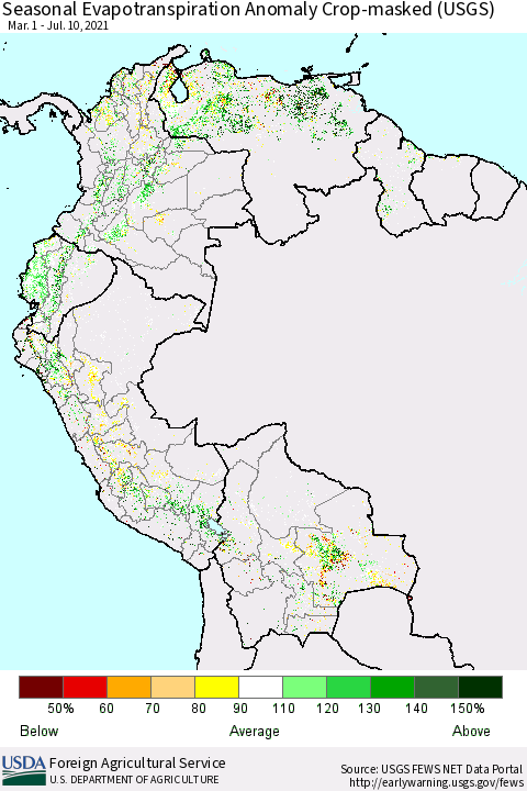 Northern South America Seasonal Actual Evapotranspiration Anomaly over Croplands (USGS) Thematic Map For 5/1/2021 - 7/10/2021