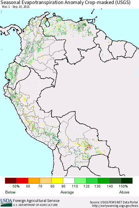 Northern South America Seasonal Actual Evapotranspiration Anomaly over Croplands (USGS) Thematic Map For 5/1/2021 - 9/10/2021