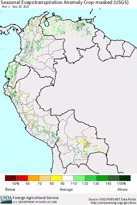 Northern South America Seasonal Actual Evapotranspiration Anomaly over Croplands (USGS) Thematic Map For 5/1/2021 - 9/20/2021