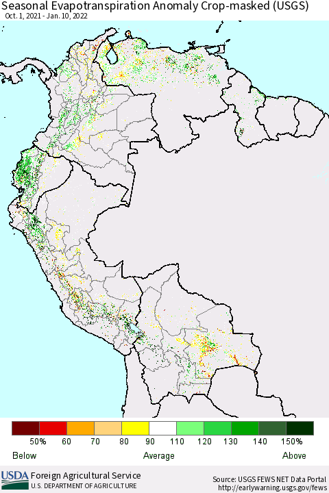 Northern South America Seasonal Actual Evapotranspiration Anomaly over Croplands (USGS) Thematic Map For 11/1/2021 - 1/10/2022