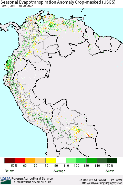 Northern South America Seasonal Actual Evapotranspiration Anomaly over Croplands (USGS) Thematic Map For 11/1/2021 - 2/20/2022