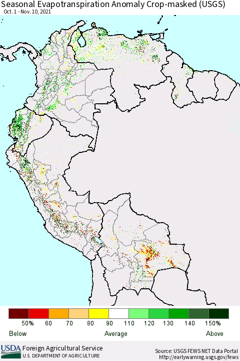 Northern South America Seasonal Actual Evapotranspiration Anomaly over Croplands (USGS) Thematic Map For 11/1/2021 - 11/10/2021