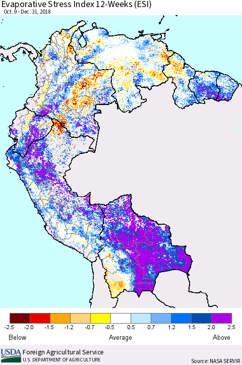 Northern South America Evaporative Stress Index (ESI), 12-Weeks Thematic Map For 12/31/2018 - 1/6/2019