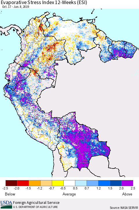 Northern South America Evaporative Stress Index (ESI), 12-Weeks Thematic Map For 1/7/2019 - 1/13/2019