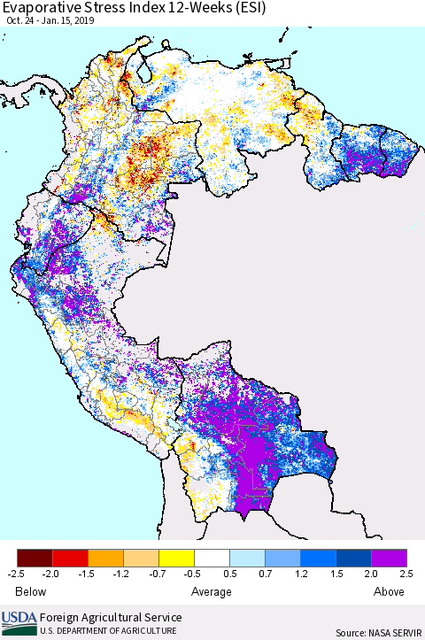 Northern South America Evaporative Stress Index (ESI), 12-Weeks Thematic Map For 1/14/2019 - 1/20/2019