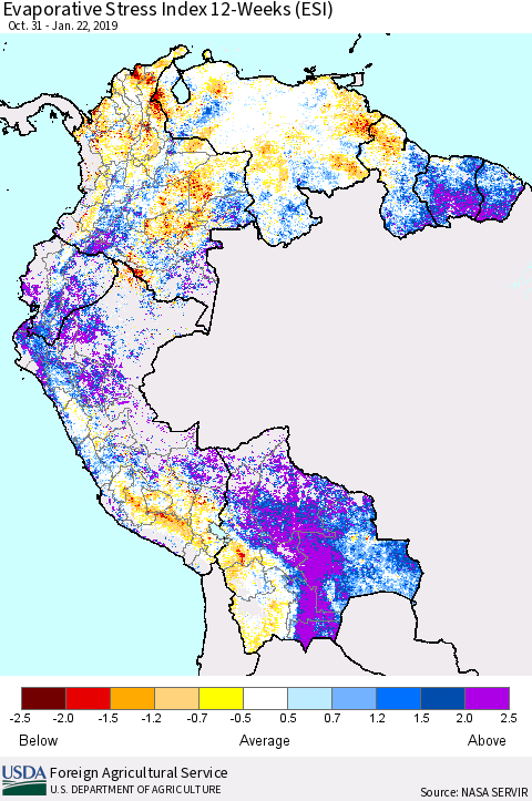 Northern South America Evaporative Stress Index (ESI), 12-Weeks Thematic Map For 1/21/2019 - 1/27/2019