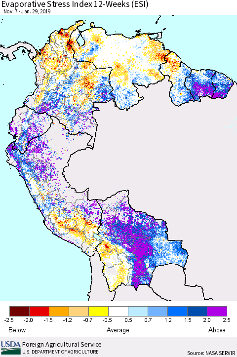 Northern South America Evaporative Stress Index (ESI), 12-Weeks Thematic Map For 1/28/2019 - 2/3/2019