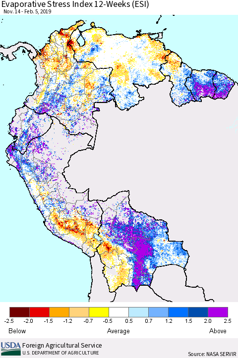 Northern South America Evaporative Stress Index (ESI), 12-Weeks Thematic Map For 2/4/2019 - 2/10/2019