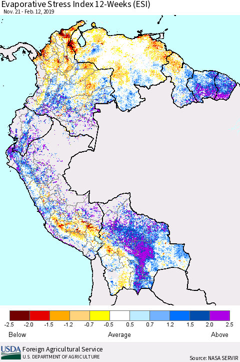 Northern South America Evaporative Stress Index (ESI), 12-Weeks Thematic Map For 2/11/2019 - 2/17/2019