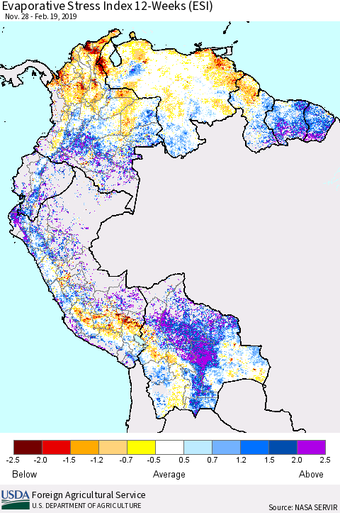 Northern South America Evaporative Stress Index (ESI), 12-Weeks Thematic Map For 2/18/2019 - 2/24/2019