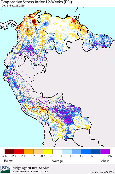 Northern South America Evaporative Stress Index (ESI), 12-Weeks Thematic Map For 2/25/2019 - 3/3/2019