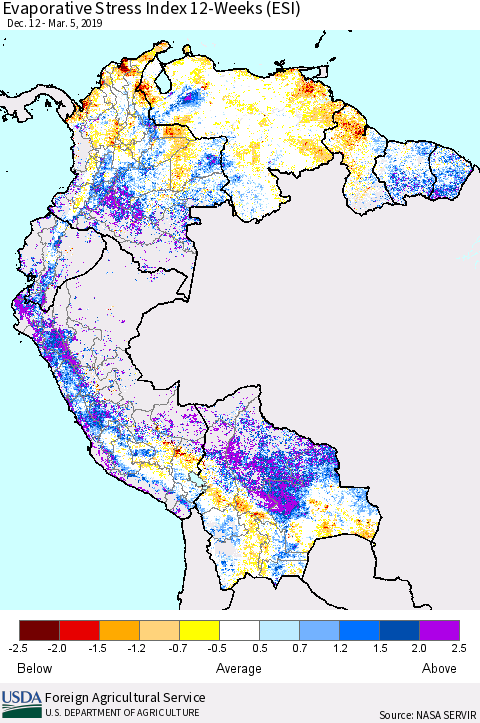 Northern South America Evaporative Stress Index (ESI), 12-Weeks Thematic Map For 3/4/2019 - 3/10/2019