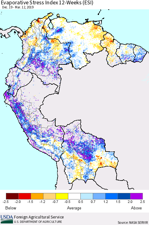 Northern South America Evaporative Stress Index (ESI), 12-Weeks Thematic Map For 3/11/2019 - 3/17/2019