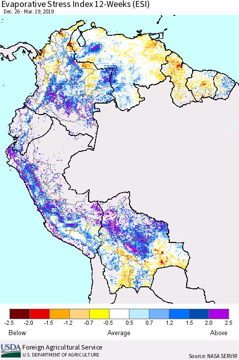 Northern South America Evaporative Stress Index (ESI), 12-Weeks Thematic Map For 3/18/2019 - 3/24/2019