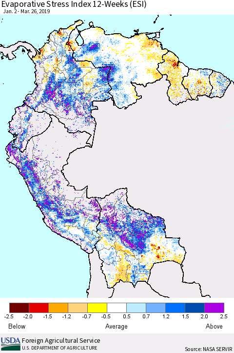 Northern South America Evaporative Stress Index (ESI), 12-Weeks Thematic Map For 3/25/2019 - 3/31/2019