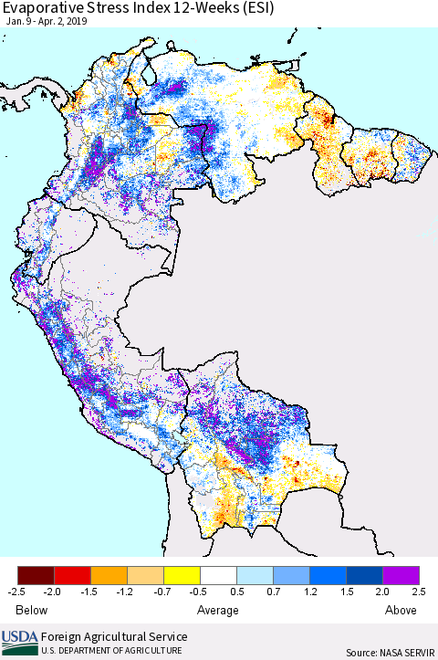 Northern South America Evaporative Stress Index (ESI), 12-Weeks Thematic Map For 4/1/2019 - 4/7/2019