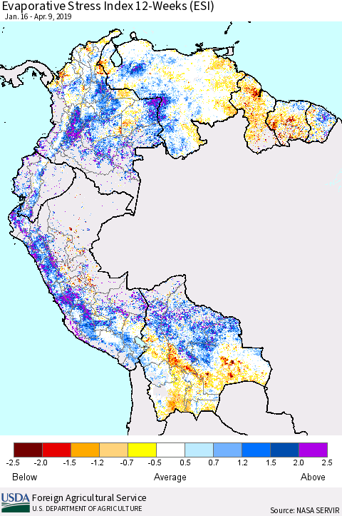 Northern South America Evaporative Stress Index (ESI), 12-Weeks Thematic Map For 4/8/2019 - 4/14/2019