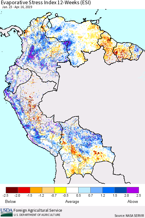 Northern South America Evaporative Stress Index (ESI), 12-Weeks Thematic Map For 4/15/2019 - 4/21/2019