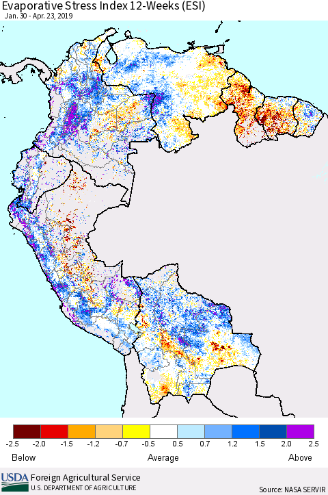 Northern South America Evaporative Stress Index (ESI), 12-Weeks Thematic Map For 4/22/2019 - 4/28/2019
