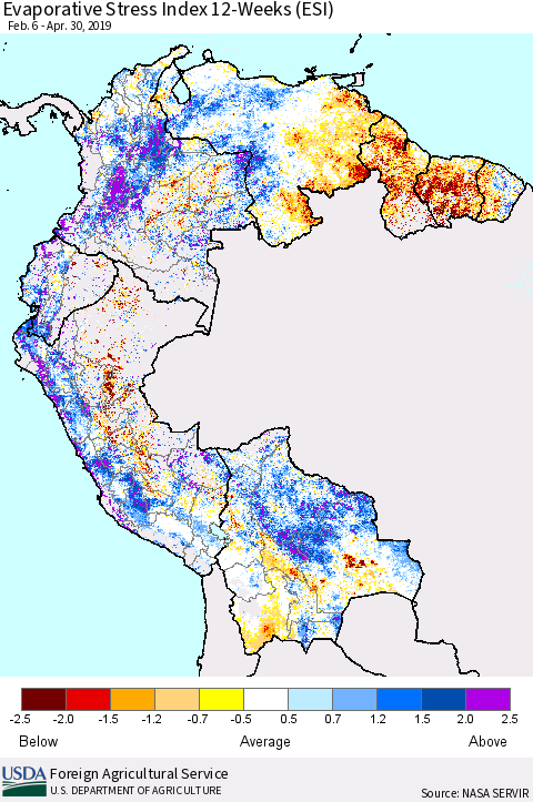 Northern South America Evaporative Stress Index (ESI), 12-Weeks Thematic Map For 4/29/2019 - 5/5/2019