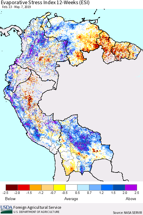 Northern South America Evaporative Stress Index (ESI), 12-Weeks Thematic Map For 5/6/2019 - 5/12/2019