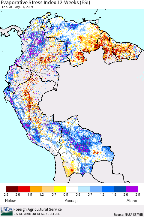 Northern South America Evaporative Stress Index (ESI), 12-Weeks Thematic Map For 5/13/2019 - 5/19/2019