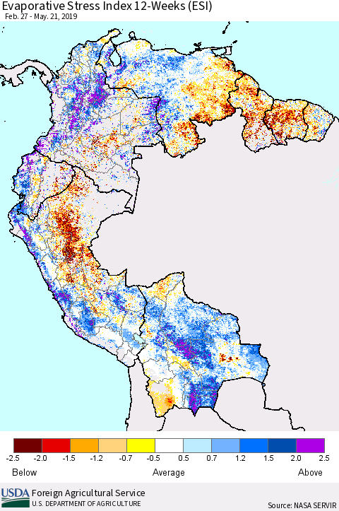 Northern South America Evaporative Stress Index (ESI), 12-Weeks Thematic Map For 5/20/2019 - 5/26/2019