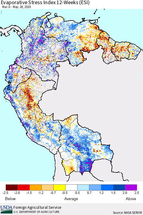 Northern South America Evaporative Stress Index (ESI), 12-Weeks Thematic Map For 5/27/2019 - 6/2/2019