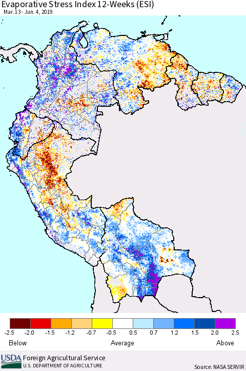 Northern South America Evaporative Stress Index (ESI), 12-Weeks Thematic Map For 6/3/2019 - 6/9/2019
