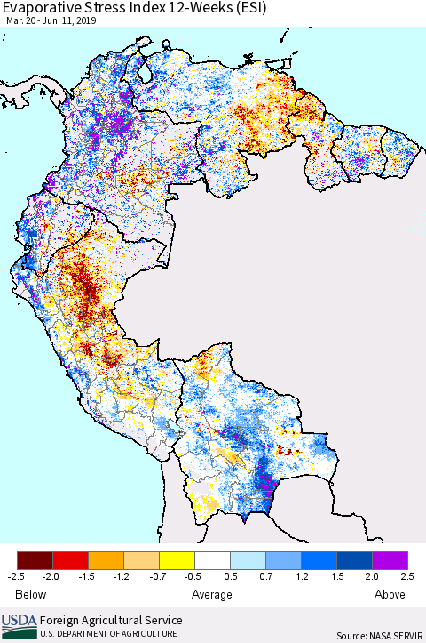 Northern South America Evaporative Stress Index (ESI), 12-Weeks Thematic Map For 6/10/2019 - 6/16/2019