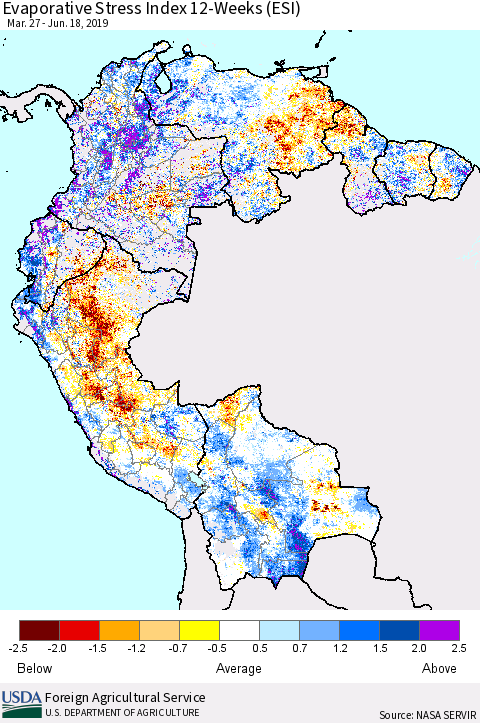 Northern South America Evaporative Stress Index (ESI), 12-Weeks Thematic Map For 6/17/2019 - 6/23/2019