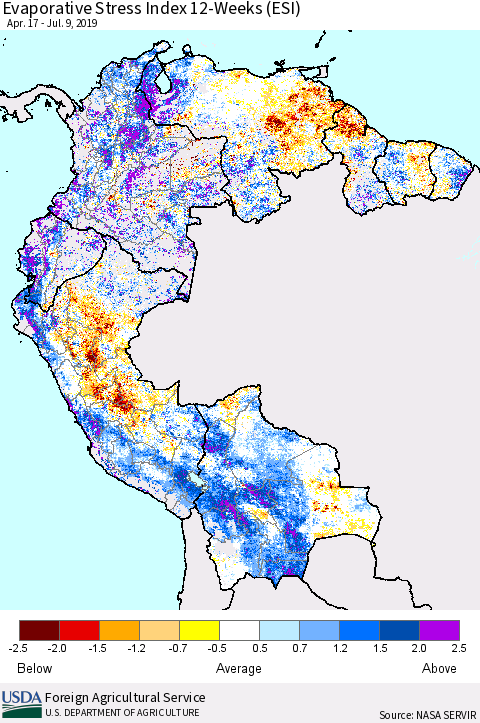 Northern South America Evaporative Stress Index (ESI), 12-Weeks Thematic Map For 7/8/2019 - 7/14/2019