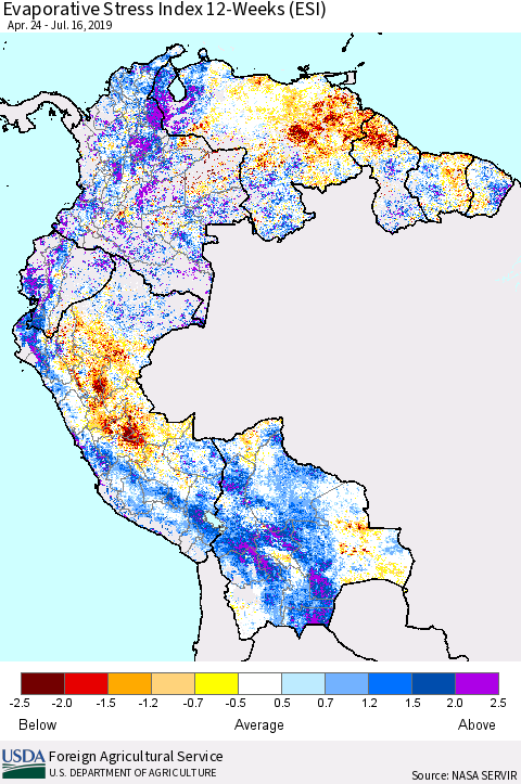 Northern South America Evaporative Stress Index (ESI), 12-Weeks Thematic Map For 7/15/2019 - 7/21/2019