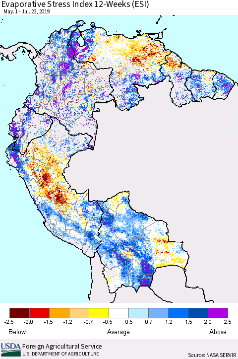 Northern South America Evaporative Stress Index (ESI), 12-Weeks Thematic Map For 7/22/2019 - 7/28/2019