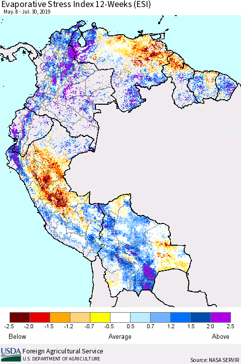 Northern South America Evaporative Stress Index (ESI), 12-Weeks Thematic Map For 7/29/2019 - 8/4/2019