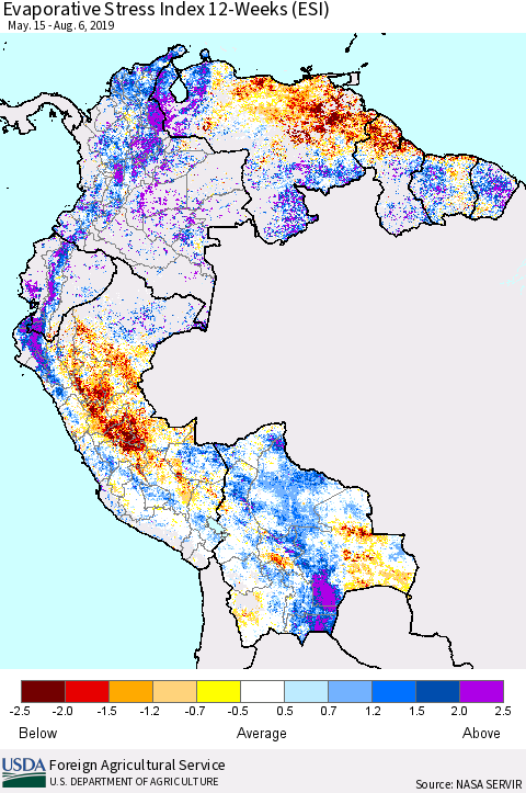 Northern South America Evaporative Stress Index (ESI), 12-Weeks Thematic Map For 8/5/2019 - 8/11/2019