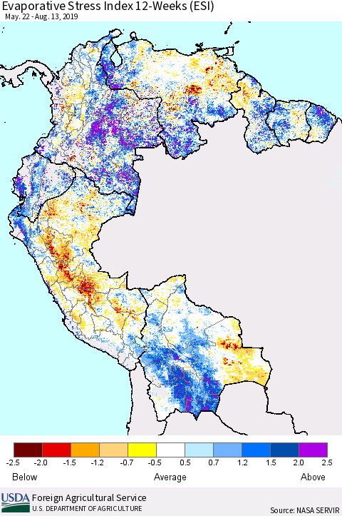 Northern South America Evaporative Stress Index (ESI), 12-Weeks Thematic Map For 8/12/2019 - 8/18/2019