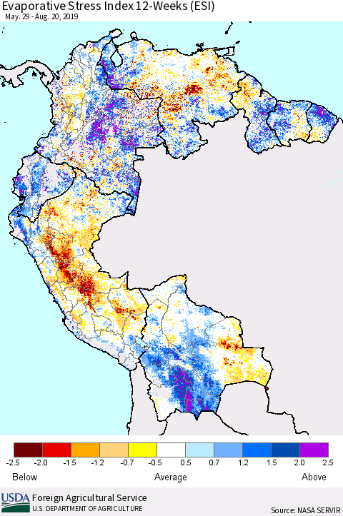 Northern South America Evaporative Stress Index (ESI), 12-Weeks Thematic Map For 8/19/2019 - 8/25/2019
