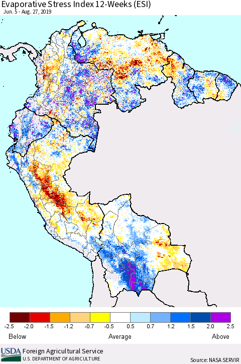 Northern South America Evaporative Stress Index (ESI), 12-Weeks Thematic Map For 8/26/2019 - 9/1/2019