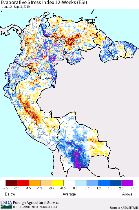 Northern South America Evaporative Stress Index (ESI), 12-Weeks Thematic Map For 9/2/2019 - 9/8/2019