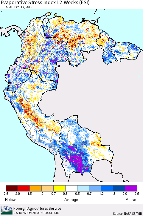 Northern South America Evaporative Stress Index (ESI), 12-Weeks Thematic Map For 9/16/2019 - 9/22/2019