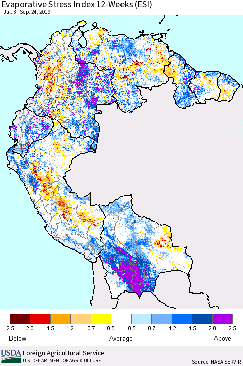 Northern South America Evaporative Stress Index (ESI), 12-Weeks Thematic Map For 9/23/2019 - 9/29/2019
