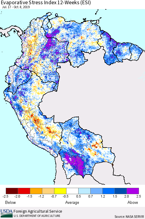 Northern South America Evaporative Stress Index (ESI), 12-Weeks Thematic Map For 10/7/2019 - 10/13/2019