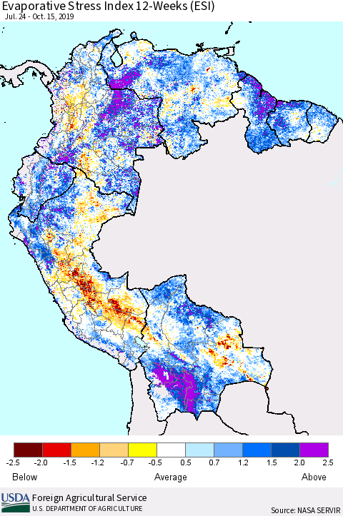 Northern South America Evaporative Stress Index (ESI), 12-Weeks Thematic Map For 10/14/2019 - 10/20/2019