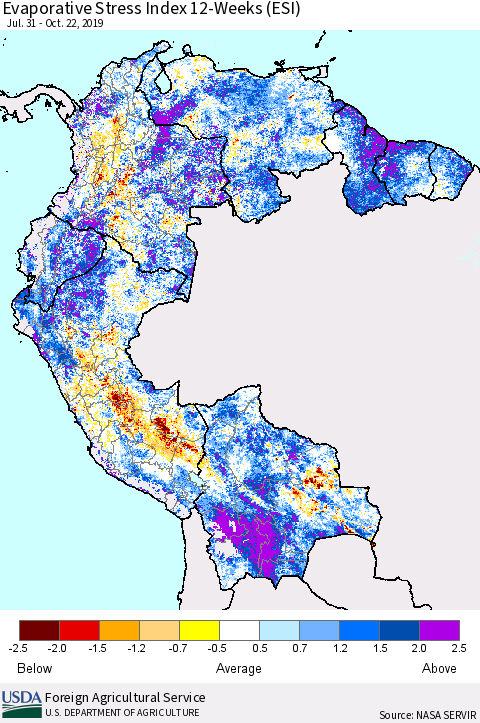 Northern South America Evaporative Stress Index (ESI), 12-Weeks Thematic Map For 10/21/2019 - 10/27/2019