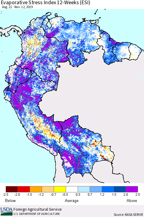 Northern South America Evaporative Stress Index (ESI), 12-Weeks Thematic Map For 11/11/2019 - 11/17/2019